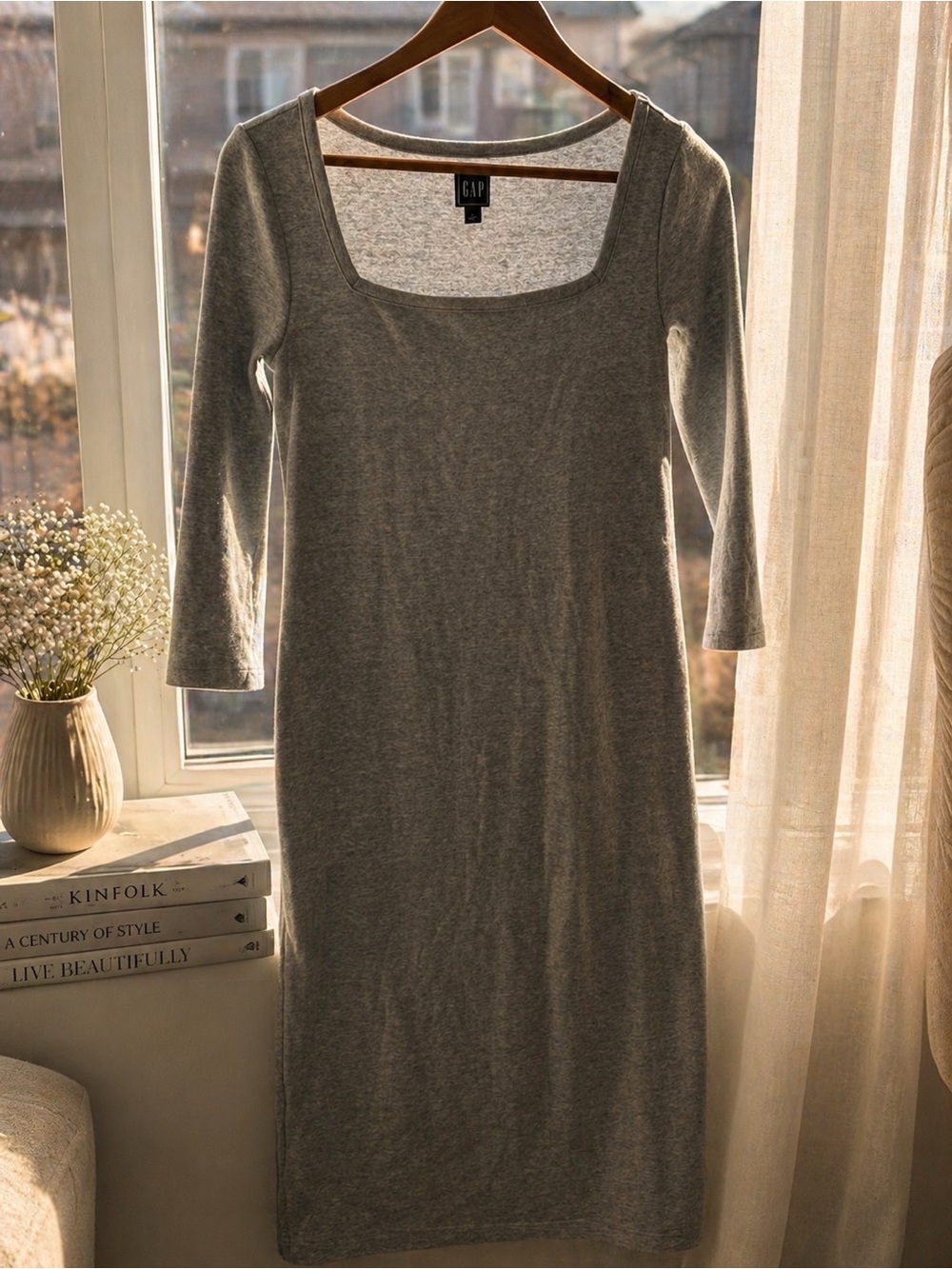 GAP Grey Square Neck Bodycon Midi Dress Size Small Minimalist Stretch